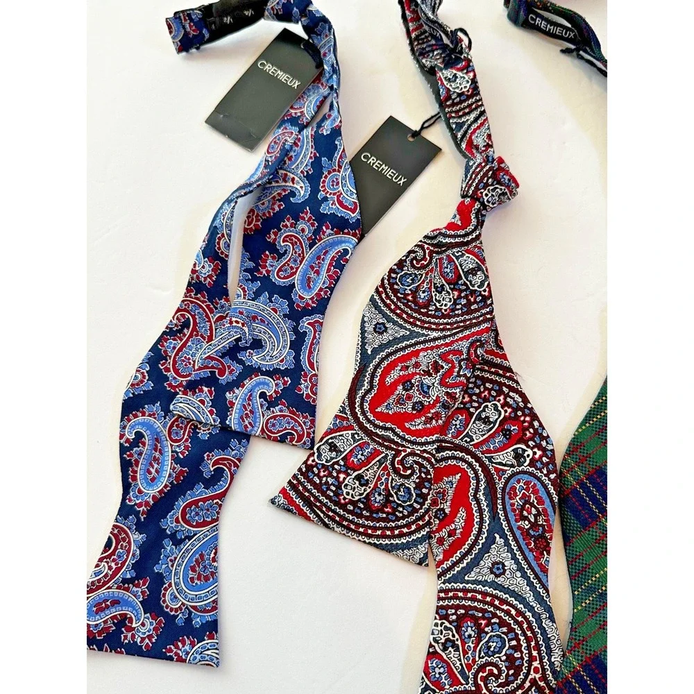 Cremieux Bow Tie Plaid Paisley Red Blue Green Brown 100% Silk Cotton Set 4 NEW